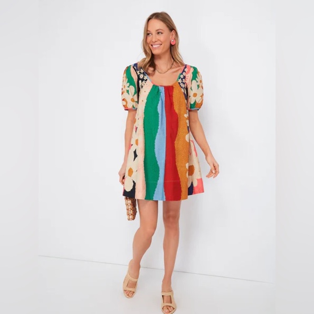 FARM Rio Multicolor Stripe & Floral Mini Dress - Red, Green, Blue, Yellow, Pink